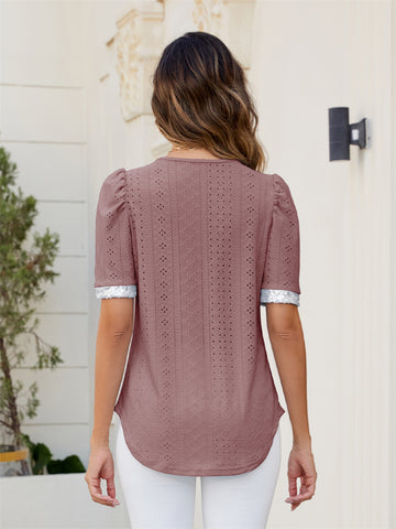 ZAFUL Womens Summer Eyelet Tops V Neck Going Out Sequin Blouse