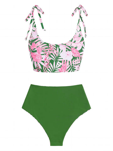 Floral-High-Waisted-Tie-Shoulder-Tankini-Green
