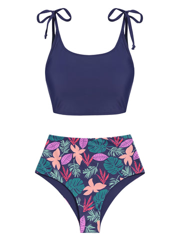 Floral-High-Waisted-Tie-Shoulder-Tankini-Blue