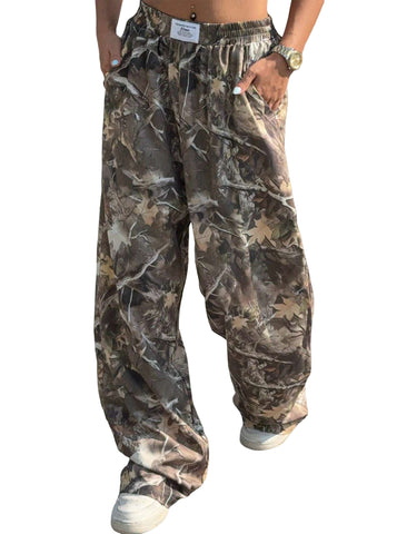 ZAFUL Women's Camo Cargo Pants Y2K Elastic High Waisted Wide Leg Casual Straight Pants Joggers Sweatpants with Patch Detail