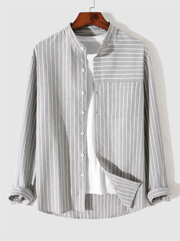 ZAFUL Men's Long Sleeves Striped Stand Collar Casual Shirt