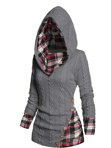 ZAFUL Women's Cable Knit Plaid Ladies Hooded Sweater