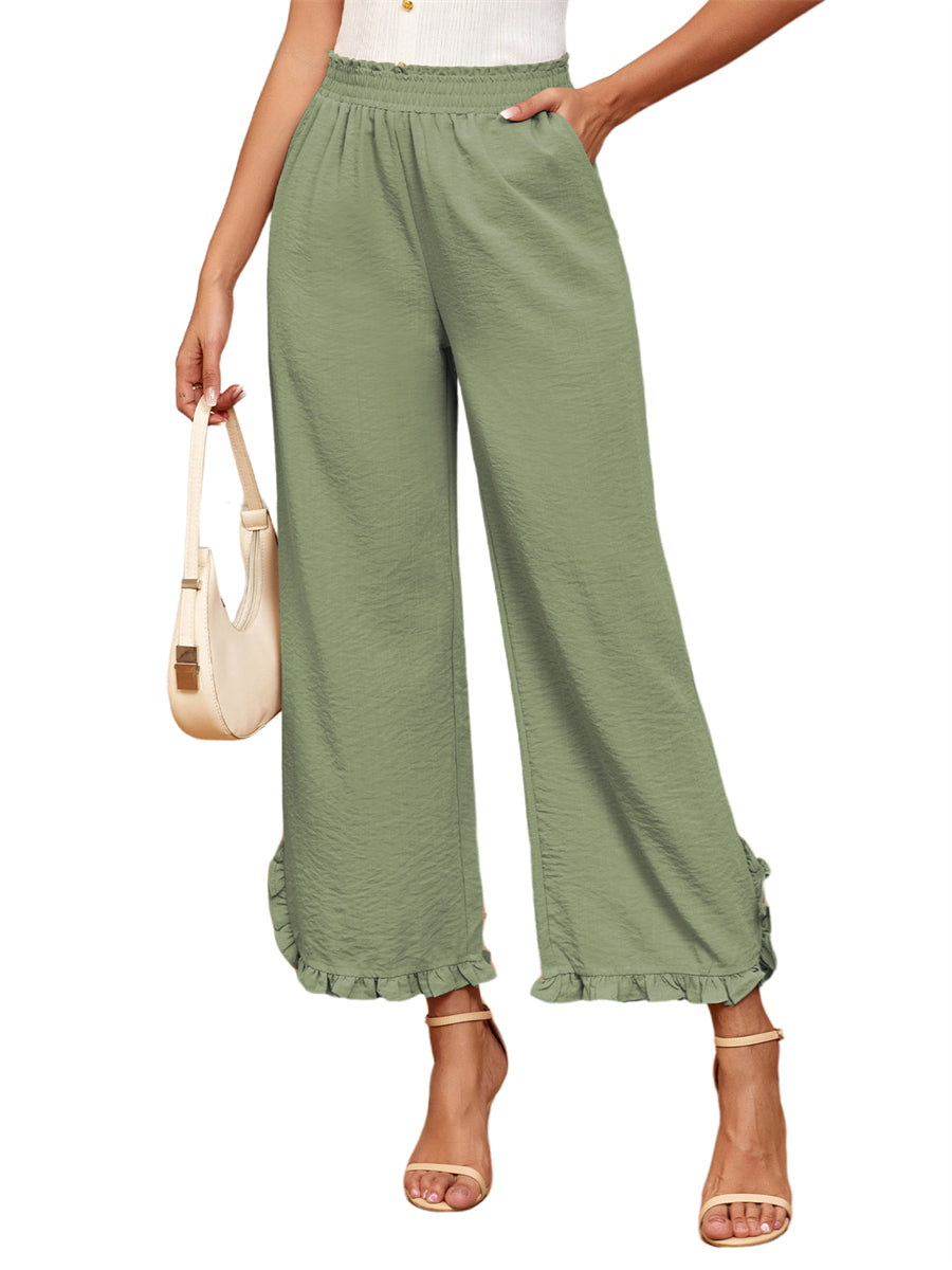 ZAFUL Womens Wide Leg Pants Casual High Waisted Ruffle Pants Summer Boho Beach Pockets Trousers