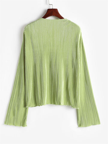 ZAFUL Women's Deep V Neck Tie Front Top Flare Sleeve Plisse Pleated Blouse Shirt Top Y2k Vintage Streetwear