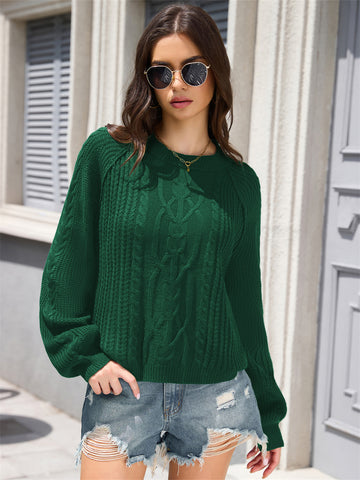 ZAFUL Women's Cable Knit Sweater Crewneck Long Lantern Sleeve Pullover-AMZ