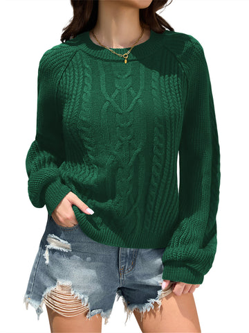 ZAFUL Women's Cable Knit Sweater Crewneck Long Lantern Sleeve Pullover-AMZ
