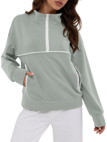 ZAFUL Women's Half Zip Pullover Collared V Neck Pockets Long Sleeve Sweatshirt