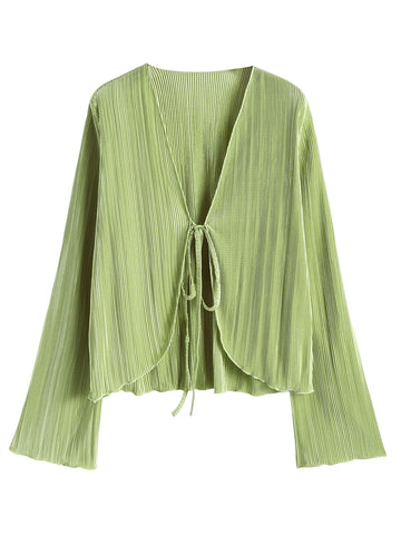 ZAFUL Women's Deep V Neck Tie Front Top Flare Sleeve Plisse Pleated Blouse Shirt Top Y2k Vintage Streetwear