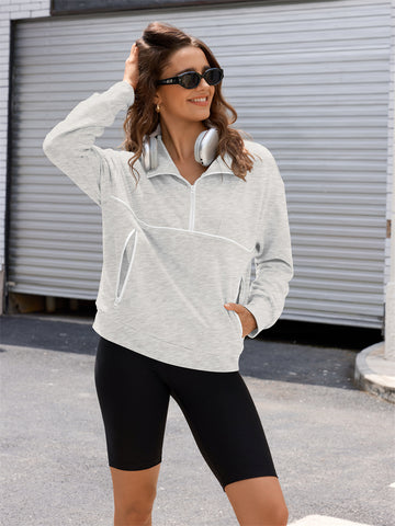 ZAFUL Women's Half Zip Pullover Collared V Neck Pockets Long Sleeve Sweatshirt