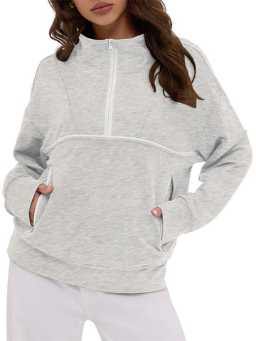 ZAFUL Women's Half Zip Pullover Collared V Neck Pockets Long Sleeve Sweatshirt