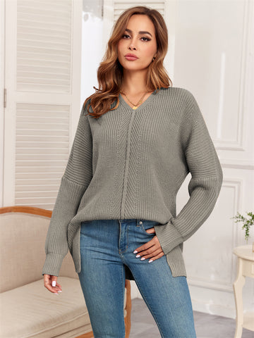 ZAFUL Women's Oversized Sweaters V Neck Long Sleeve Knit Pullover Batwing Drop Shoulder Split Tops Trendy Fall Outfits