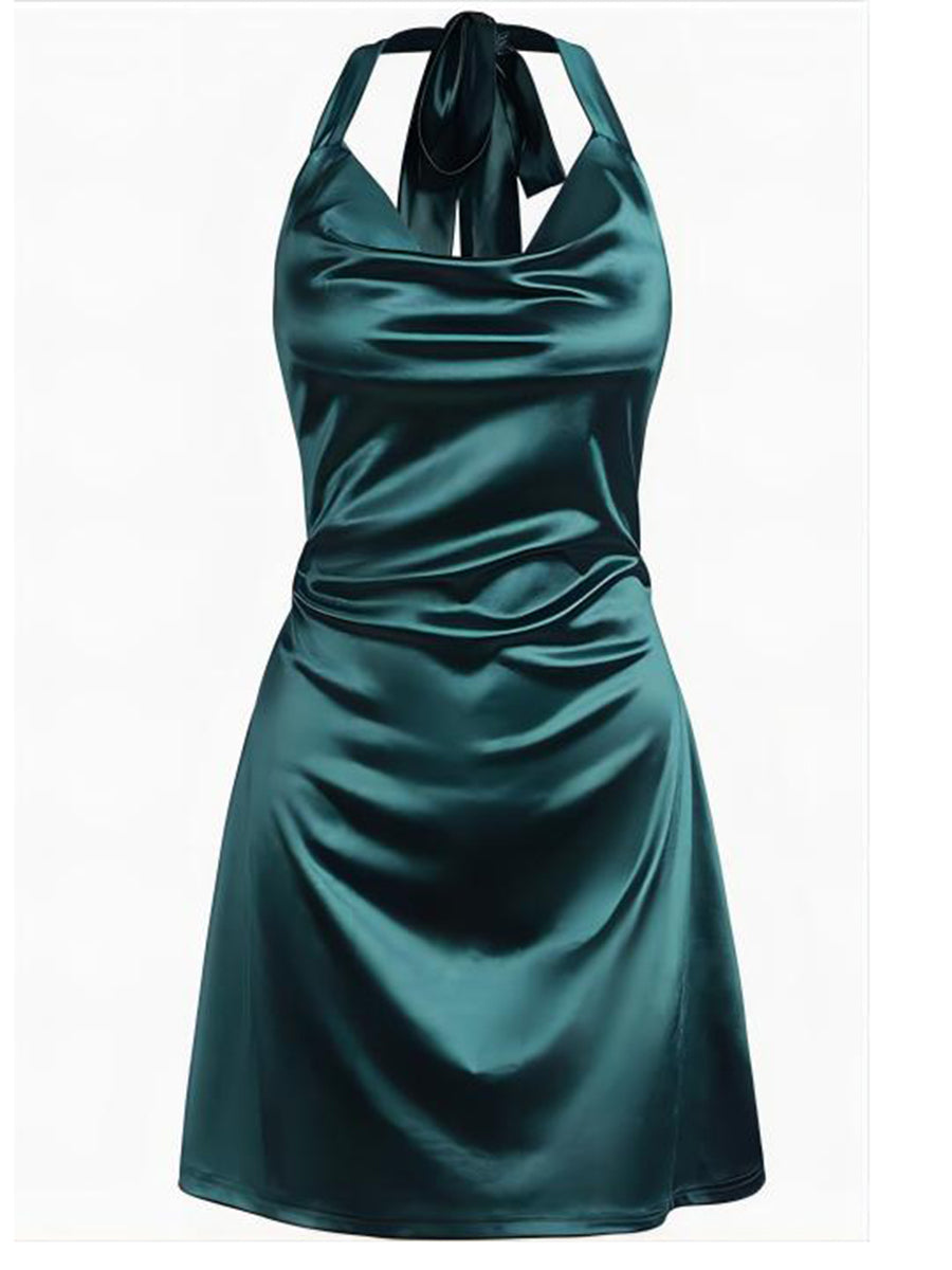 Halterneck-Satin-Mini-Dress-Dark Green