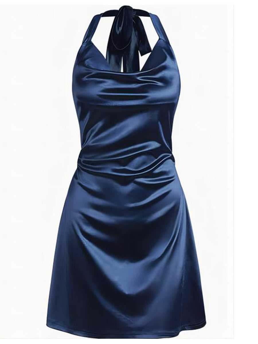Halterneck-Satin-Mini-Dress-Navy Blue