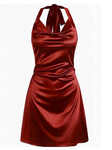 Halterneck-Satin-Mini-Dress-Red