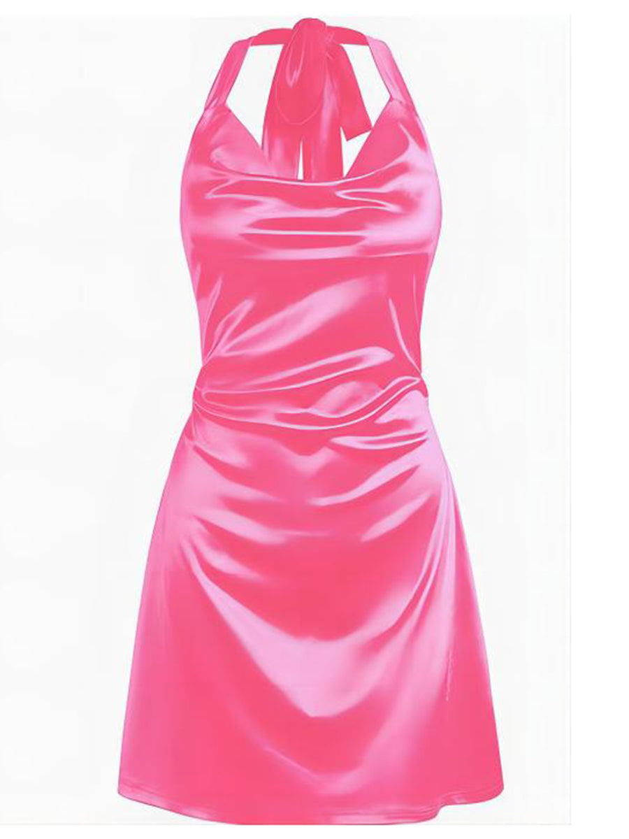 Halterneck-Satin-Mini-Dress-Hot Pink