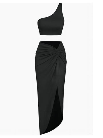 High-Slit-Twist-Skirt-Dress-Set-Black