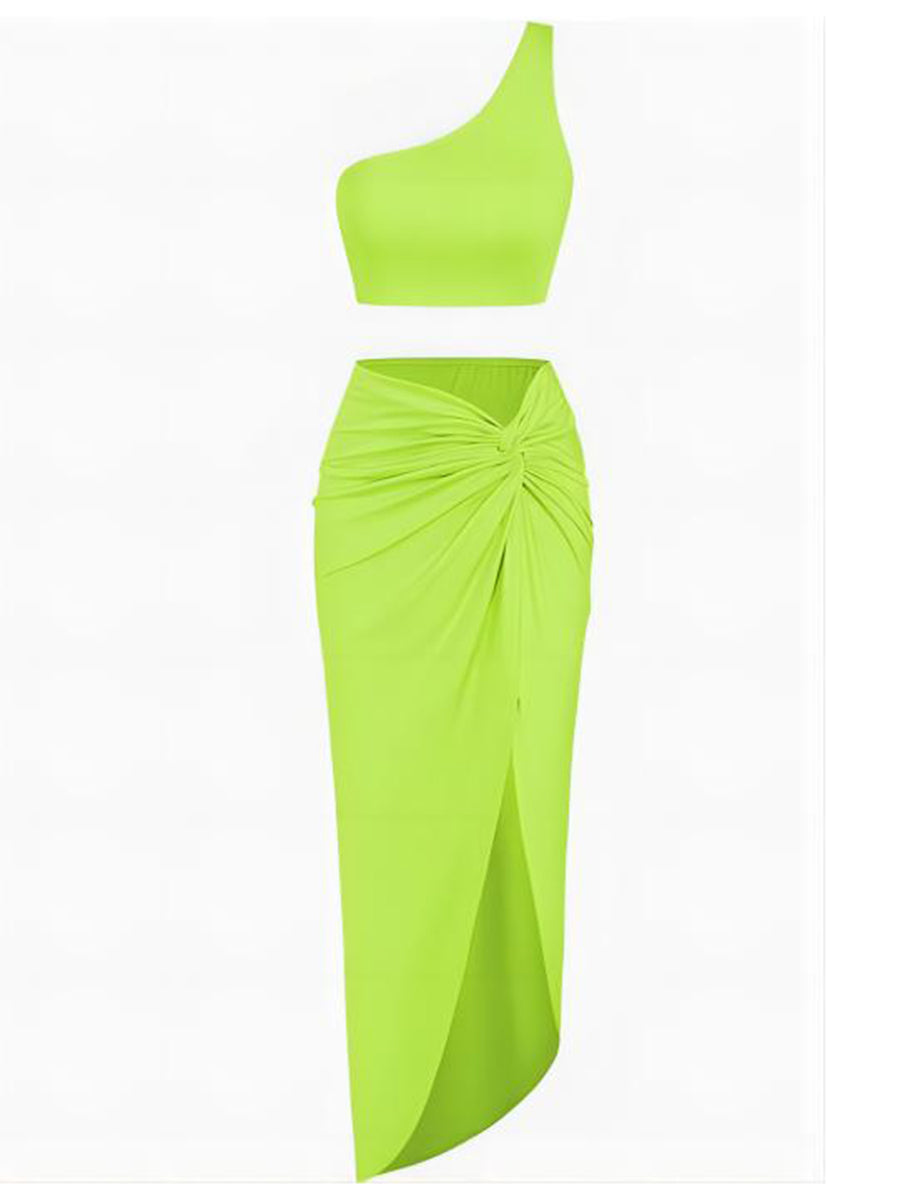  High-Slit-Twist-Skirt-Dress-Set-green