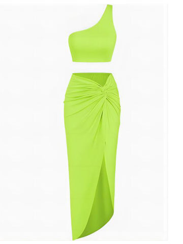  High-Slit-Twist-Skirt-Dress-Set-green