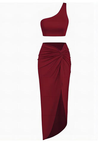 High-Slit-Twist-Skirt-Dress-Set-Red Wine