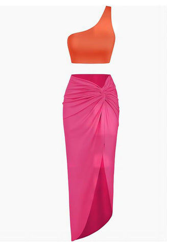 High-Slit-Twist-Skirt-Dress-Set-neon Pink-colorblock