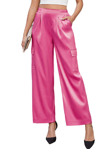 ZAFUL Womens Satin Pants Wide Leg High Waisted Cargo Pants Silky Dressy Casual Slack Trousers
