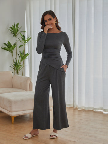 ZAFUL Womens Fall 2 Piece Outfits 2024 Long Sleeve Off Shoulder Tops & Drawstring Wide Leg Pants