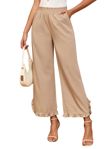 ZAFUL Womens Wide Leg Pants Casual High Waisted Ruffle Pants Summer Boho Beach Pockets Trousers