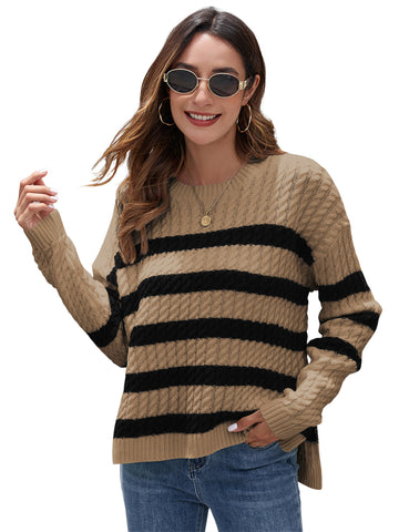 ZAFUL Women's Striped Sweaters Casual Crew Neck Long Sleeve Pullover Oversized Cable Knit Loose Jumper Tops