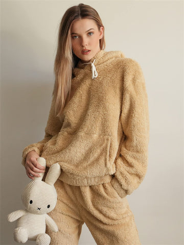 ZAFUL Women's Fuzzy Fleece Pajamas Sets Loungewear Long Sleeve pocket Casual Hoodies and Pants Set 2 Piece Fluffy Sleepwear