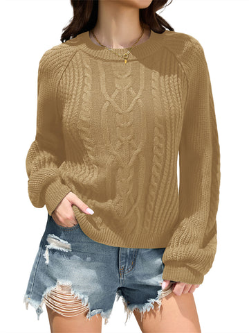 ZAFUL Women's Cable Knit Sweater Crewneck Long Lantern Sleeve Pullover-AMZ