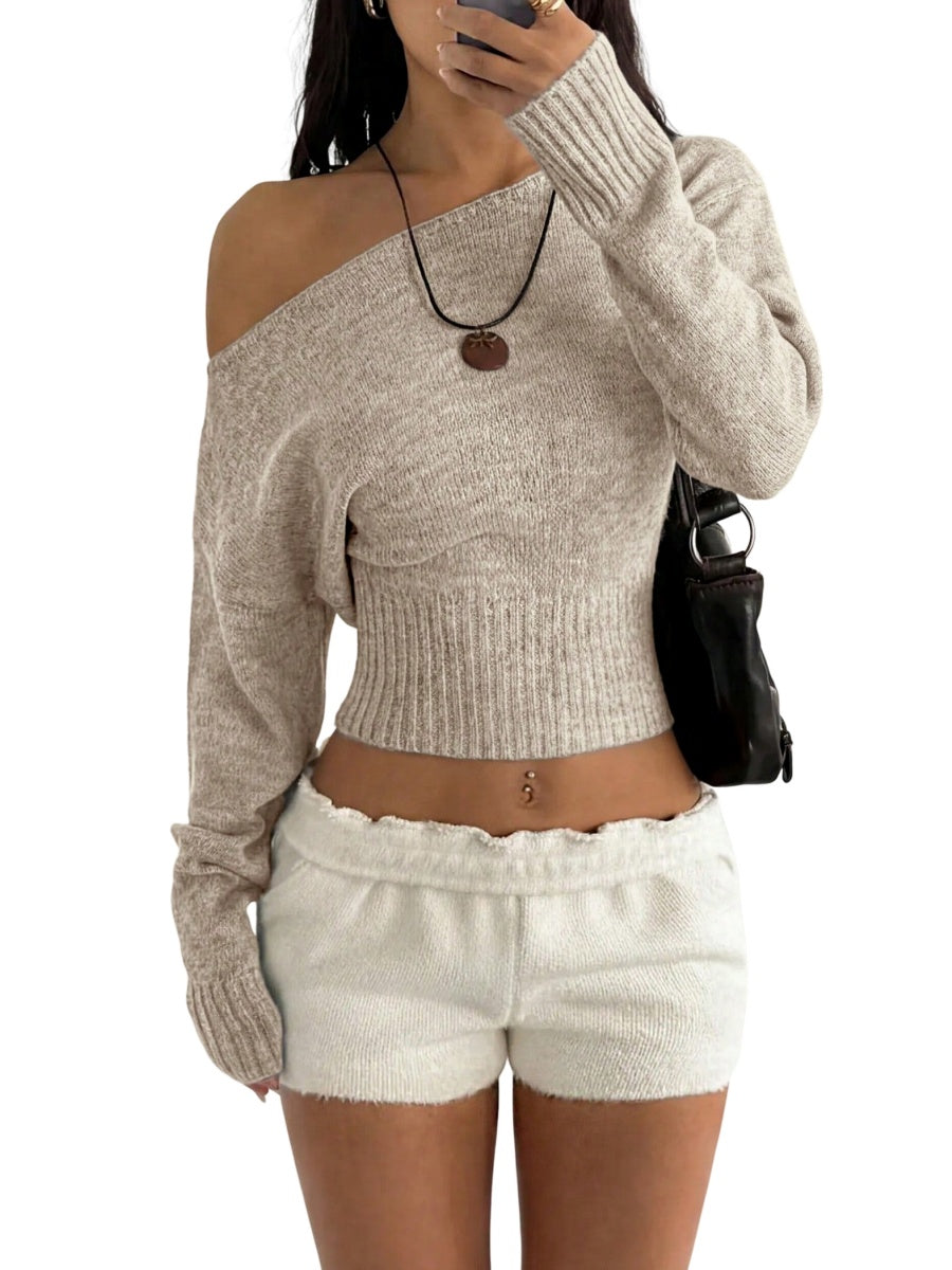 Off Shoulder Cropped Knit Sweater