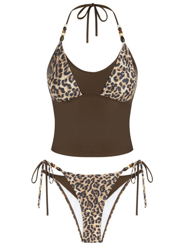 Colorblock Polka Dot Beaded Halter Bikini Set