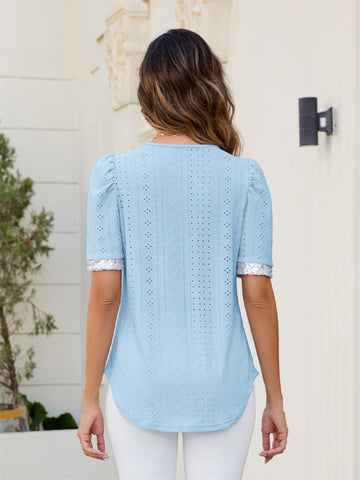 ZAFUL Womens Summer Eyelet Tops V Neck Going Out Sequin Blouse