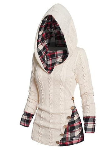 ZAFUL Women's Cable Knit Plaid Ladies Hooded Sweater