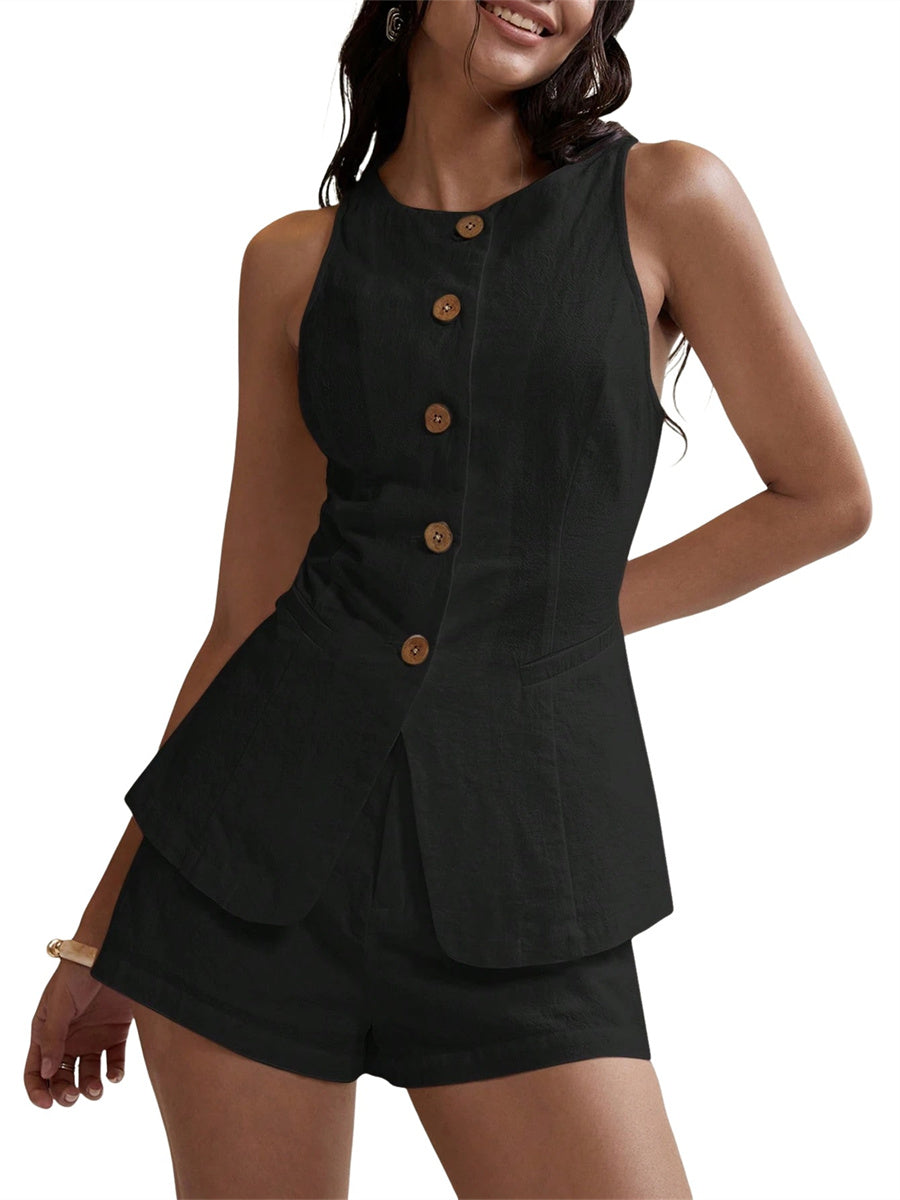 Women's Summer 2 Piece Outfits Sleeveless Matching Sets Button Down Crew Neck Vest Waistcoat and Pockets Shorts
