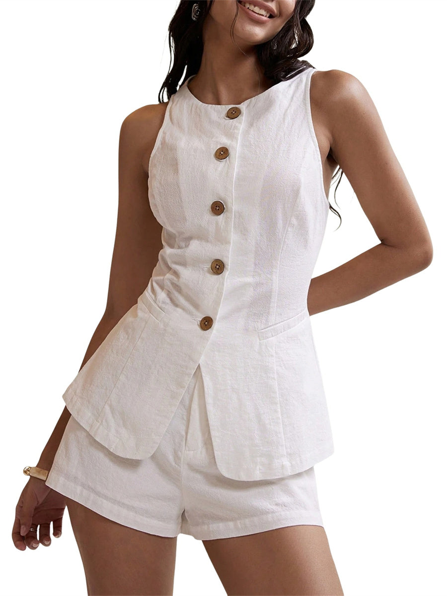Women's Summer 2 Piece Outfits Sleeveless Matching Sets Button Down Crew Neck Vest Waistcoat and Pockets Shorts