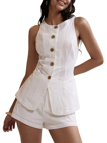 Women's Summer 2 Piece Outfits Sleeveless Matching Sets Button Down Crew Neck Vest Waistcoat and Pockets Shorts