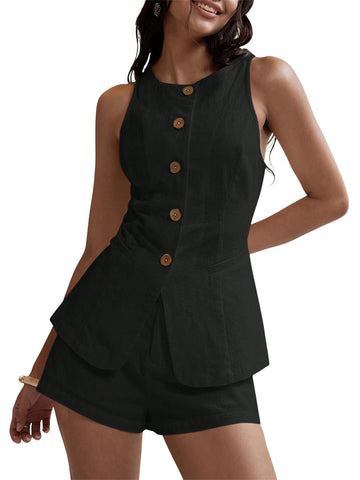 Women's Summer 2 Piece Outfits Sleeveless Matching Sets Button Down Crew Neck Vest Waistcoat and Pockets Shorts