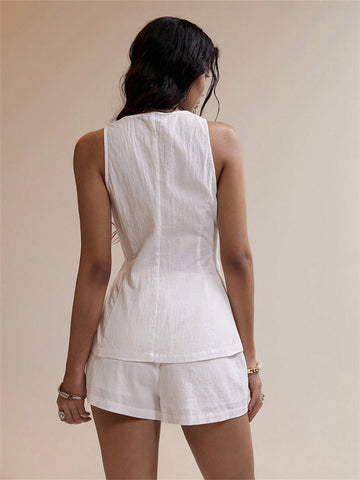 Women's Summer 2 Piece Outfits Sleeveless Matching Sets Button Down Crew Neck Vest Waistcoat and Pockets Shorts