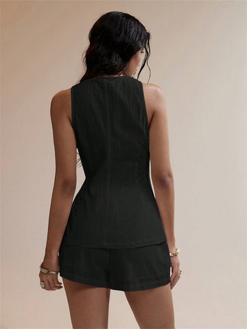 Women's Summer 2 Piece Outfits Sleeveless Matching Sets Button Down Crew Neck Vest Waistcoat and Pockets Shorts