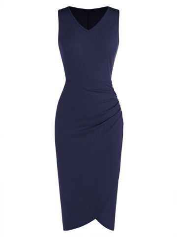 ZAFUI Women's V Neck Ruched Bodycon Cocktail Wedding Guest Dress