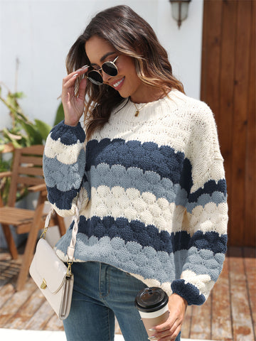 ZAFUL Women's 2024 Crewneck Long Sleeve Striped Color Block Loose Cable Knit Pullover Sweater