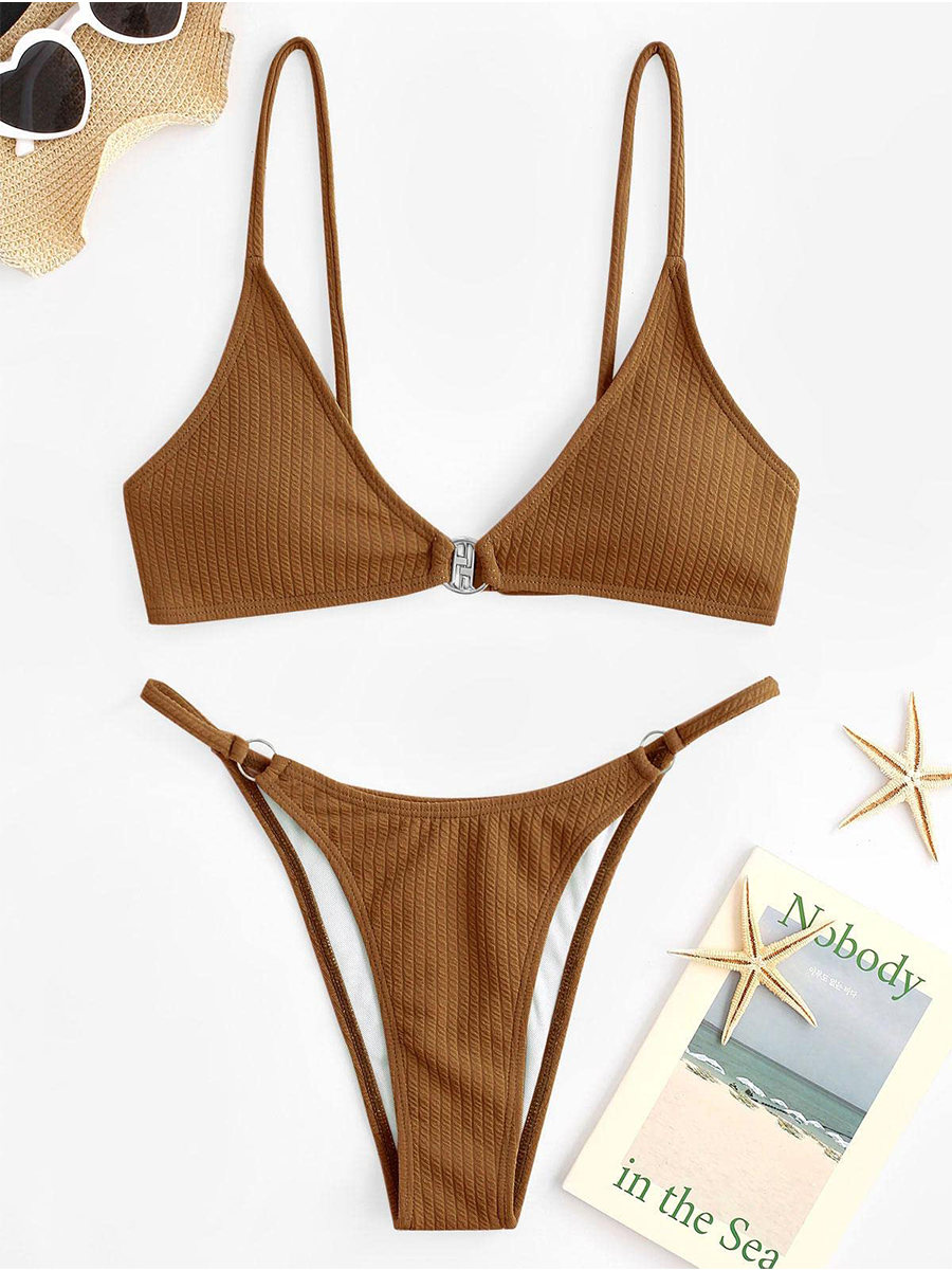 O-Ring-Halter-Solid-Color-Swimsuit-Brown-3