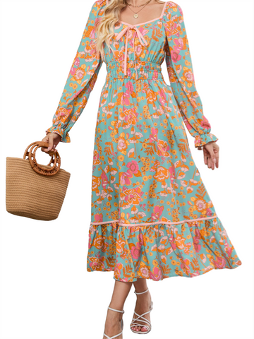 ZAFUL Women's 2025 Long Sleeve Square Neck Fall Boho Floral Midi Dress High Waist Flowy A Line Tiered Wedding Guest Dresses