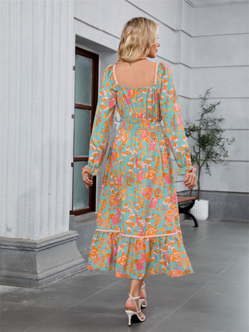 ZAFUL Women's 2025 Long Sleeve Square Neck Fall Boho Floral Midi Dress High Waist Flowy A Line Tiered Wedding Guest Dresses