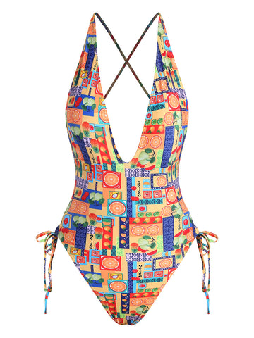 ZAFUL Women Plunging Backless Cross Tie High Cut Thong One-Piece Swimsuit