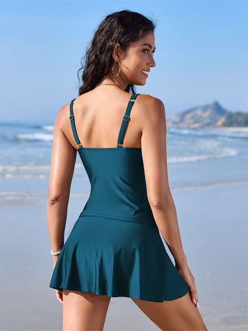 ZAFUL Womens Tummy Control Scalloped V Neck Tankini Bathing Suits with Skirt Bottom