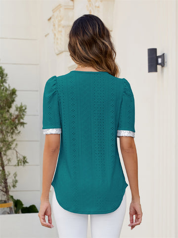 ZAFUL Womens Summer Eyelet Tops V Neck Going Out Sequin Blouse