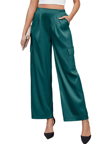 ZAFUL Womens Satin Pants Wide Leg High Waisted Cargo Pants Silky Dressy Casual Slack Trousers