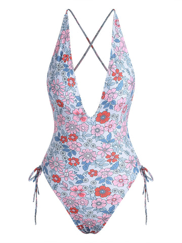 ZAFUL Women Plunging Backless Cross Tie High Cut Thong One-Piece Swimsuit
